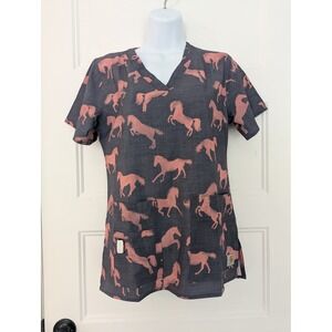 Carhartt Liberty Scrub Top Womens XS Modern Fit Pink Horse Print Grey V-Neck